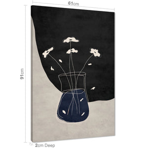 Dark Blue Black Vase and Flowers Drawing Floral Canvas Wall Art Print