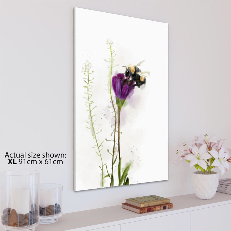 Purple Green Bumble Bee and Flower Floral Canvas Art Prints