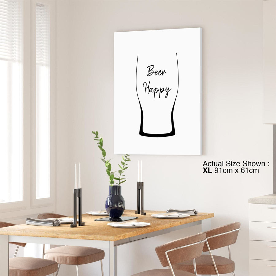 Kitchen Canvas Art Prints Beer Happy Quote and Glass Black and White