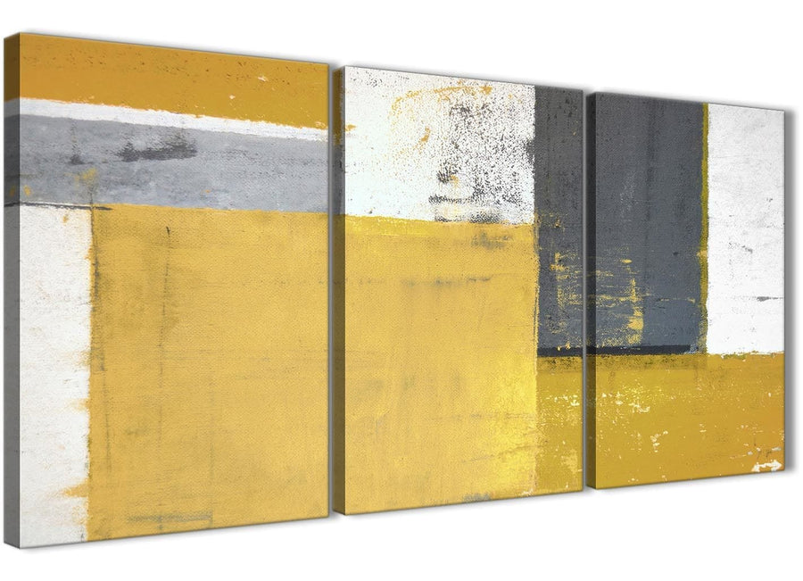 Mustard Yellow Grey Abstract Painting Canvas Wall Art Print - Multi 3 Part - 125cm Wide - 3340