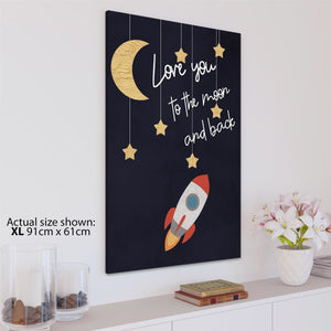 Love you to the Moon Rocket Quote Word Art - Typography Canvas Print Red Blue