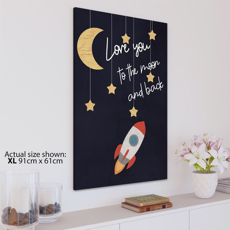Love you to the Moon Rocket Quote Word Art - Typography Canvas Print Red Blue