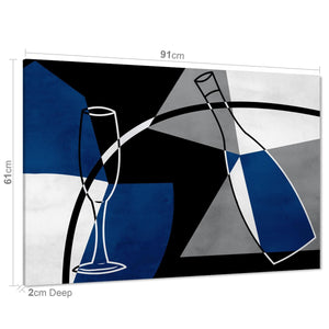 Abstract Blue Black and White Champagne Bottle and Glass Canvas Art Pictures