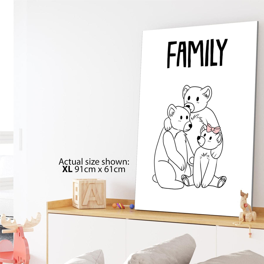 Bear Family Childrens - Nursery Canvas Wall Art Picture Black and White Pink