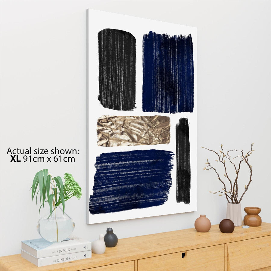 Abstract Blue Black Gold Brushstrokes Watercolour Canvas Art Pictures