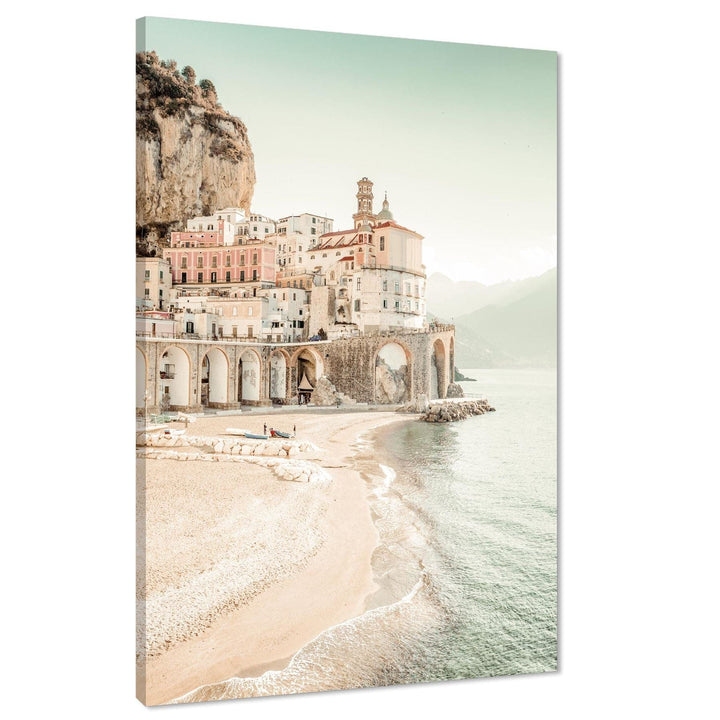 Italian Lakefront Apartments Landscape Canvas Wall Art Print Teal Coral - 1RP1231M
