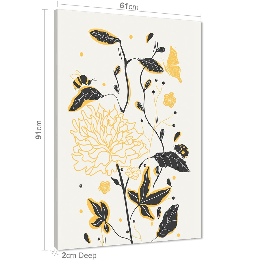 Yellow Black Flower Drawing Floral Canvas Wall Art Picture