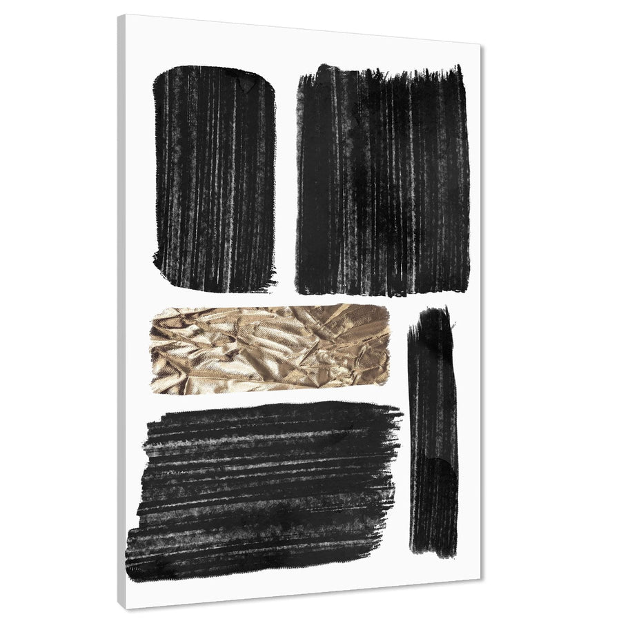Abstract Black and White Gold Brushstrokes Canvas Wall Art Picture