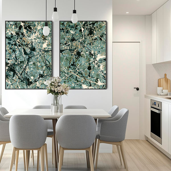 Pair Abstract Framed Canvases - Jackson Pollock Style Green