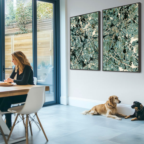 Pair Abstract Framed Canvases - Jackson Pollock Style Green