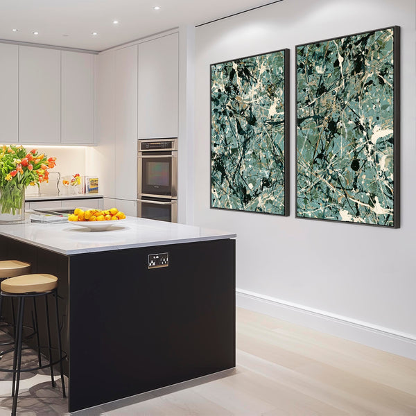 Pair Abstract Framed Canvases - Jackson Pollock Style Green