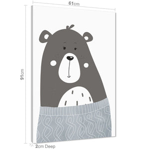 Bear Childrens - Nursery Canvas Wall Art Picture Grey