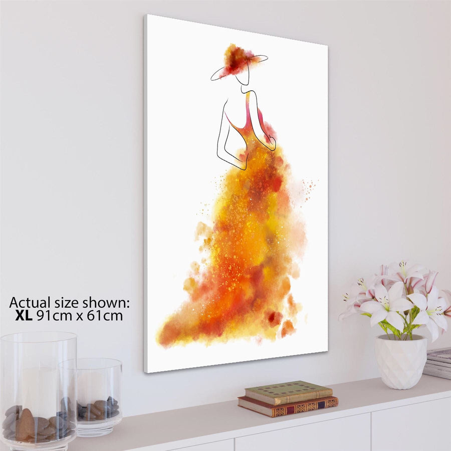 Orange Fashion Canvas Wall Art Print Woman in Long Dress and hat