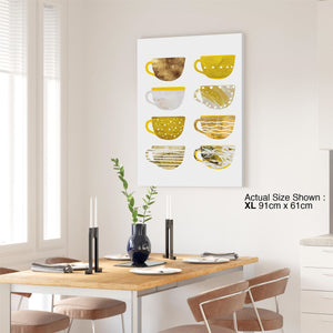 Kitchen Canvas Wall Art Picture Coffee Cups Collection Yellow Brown