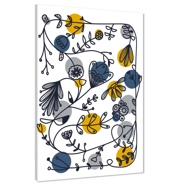 Mustard Yellow Blue Abstract Flowers Floral Canvas Wall Art Picture - 1RP1538M