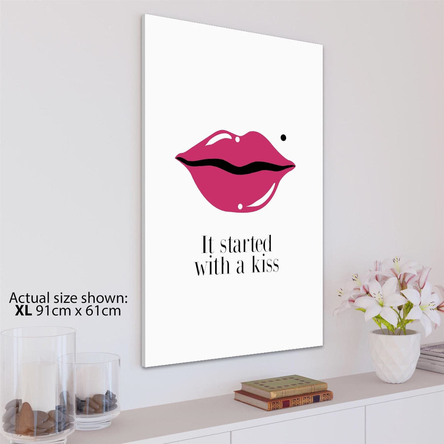 It Started With A Kiss Lips Word Art - Typography Canvas Print Pink Black