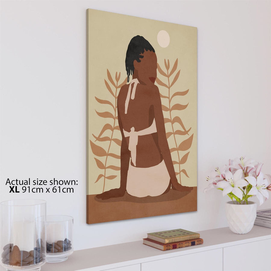 Brown Beige Figurative African Woman In Sun Canvas Wall Art Print