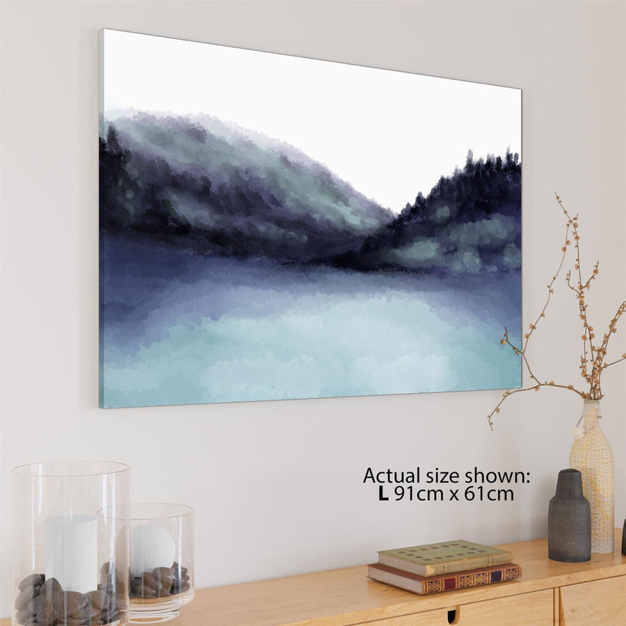 Landscape Canvas Wall Art Picture Teal Watercolour Mountains and Trees