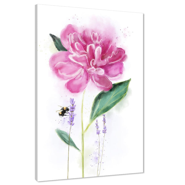 Pink Green Flower and Lavender With Bee Floral Canvas Wall Art Print