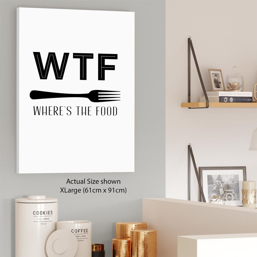 Kitchen Canvas Wall Art Picture WTF Wheres the Food Quote Black and White