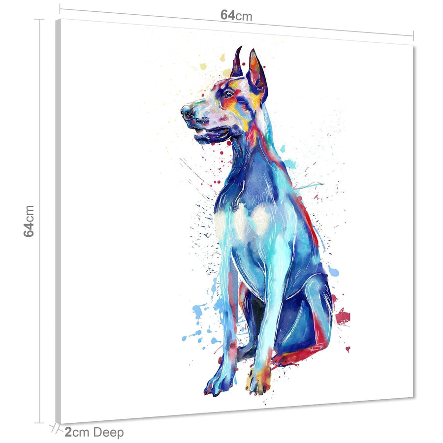 Doberman Pet Dog Watercolour Splash Canvas Art Pictures - Multi Coloured