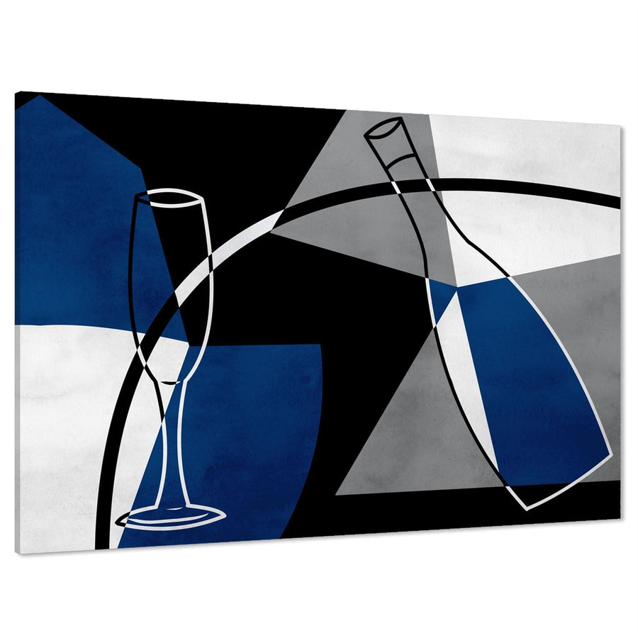 Abstract Blue Black and White Champagne Bottle and Glass Canvas Art Pictures