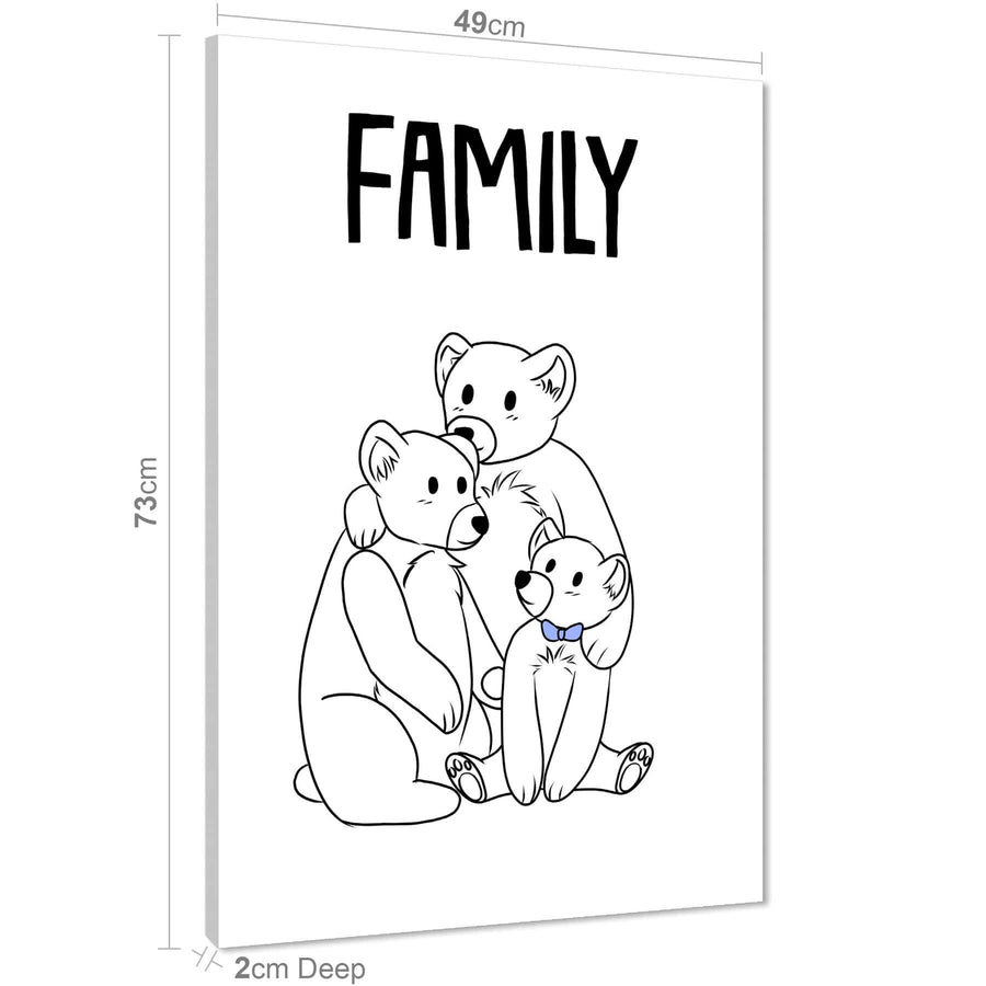 Bear Family Childrens - Nursery Canvas Wall Art Picture Black and White Blue