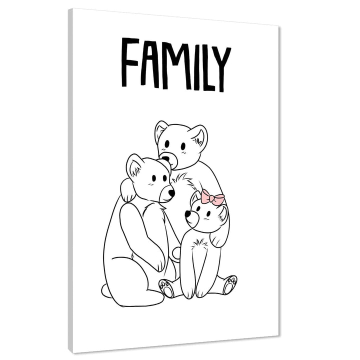 Bear Family Childrens - Nursery Canvas Wall Art Picture Black and White Pink - 1RP1369M