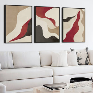 Large Set of 3 Red Abstract Framed Canvas Wall Art - Burgundy Cream Black