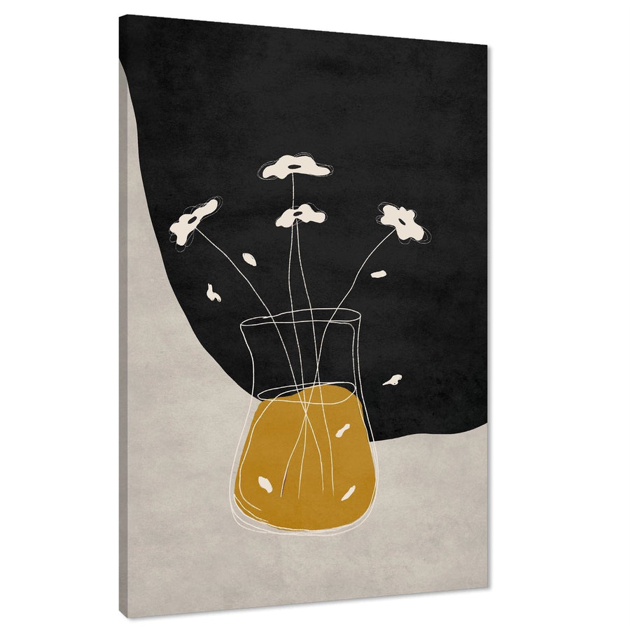 Mustard Yellow Black Vase and Flowers Drawing Floral Canvas Wall Art Print