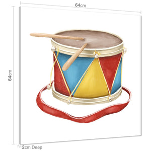 Drum Childrens - Nursery Canvas Wall Art Picture Red Teal