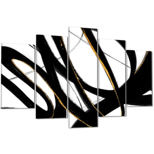 Abstract Black and White Yellow Swirls Brushstrokes Canvas Wall Art Picture