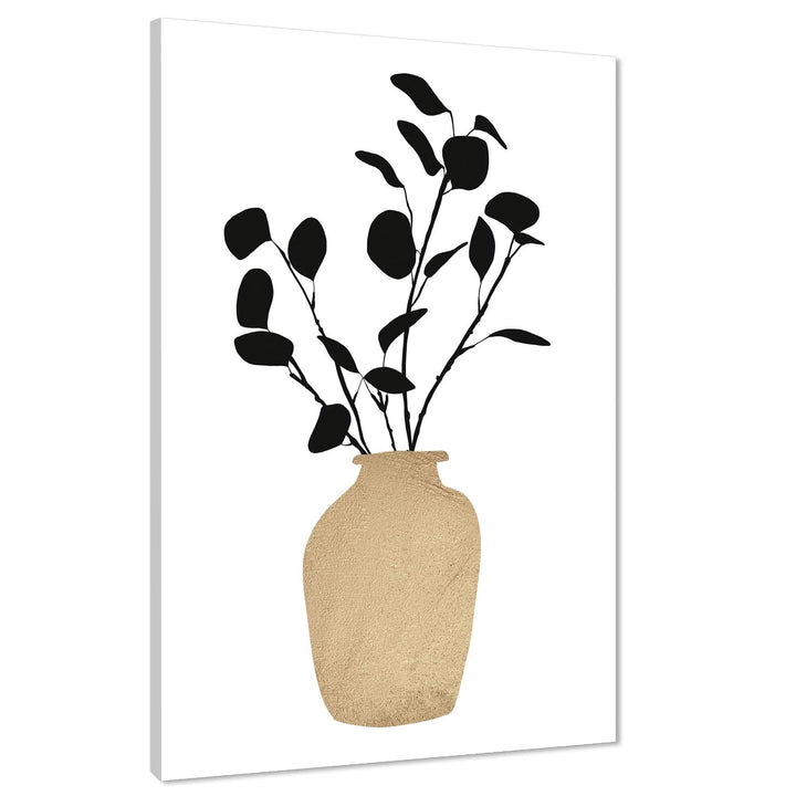 Black Beige Leaves in Vase Floral Canvas Wall Art Print - 1RP1380M