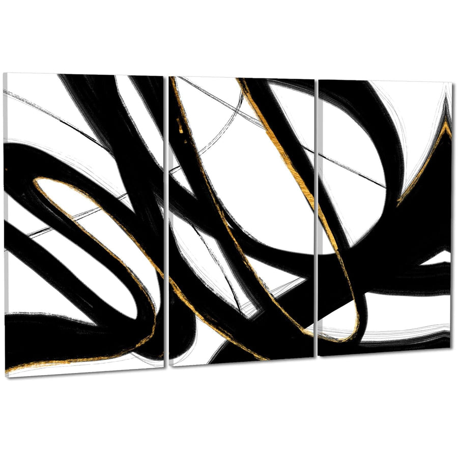 Abstract Black and White Yellow Swirls Brushstrokes Canvas Wall Art Picture