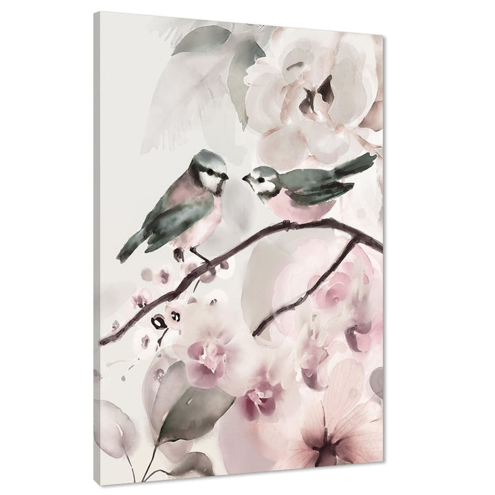 Pink Grey Birds and Flowers Floral Canvas Art Prints - 1RP1137M