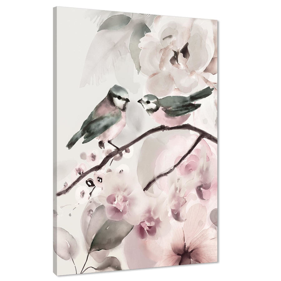 Pink Grey Birds and Flowers Floral Canvas Art Prints
