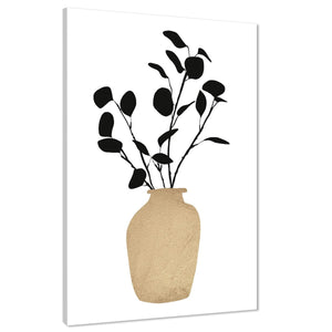 Black Beige Leaves in Vase Floral Canvas Wall Art Print