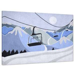 Ski Lift Mountains Retro Canvas Wall Art Print Light Blue Black and White