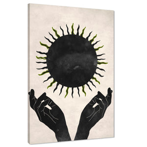Black Cream Figurative Green Sun Canvas Wall Art Print