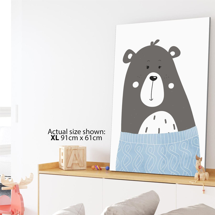Bear Childrens - Nursery Canvas Wall Art Picture Blue Grey