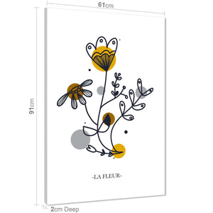 Mustard Yellow Grey Flowers Abstract Design Floral Canvas Wall Art Picture