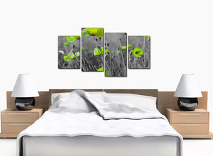 Lime Green Poppies Flower Grey Black Floral Canvas - 4 Panel Set - 130cm - 4138