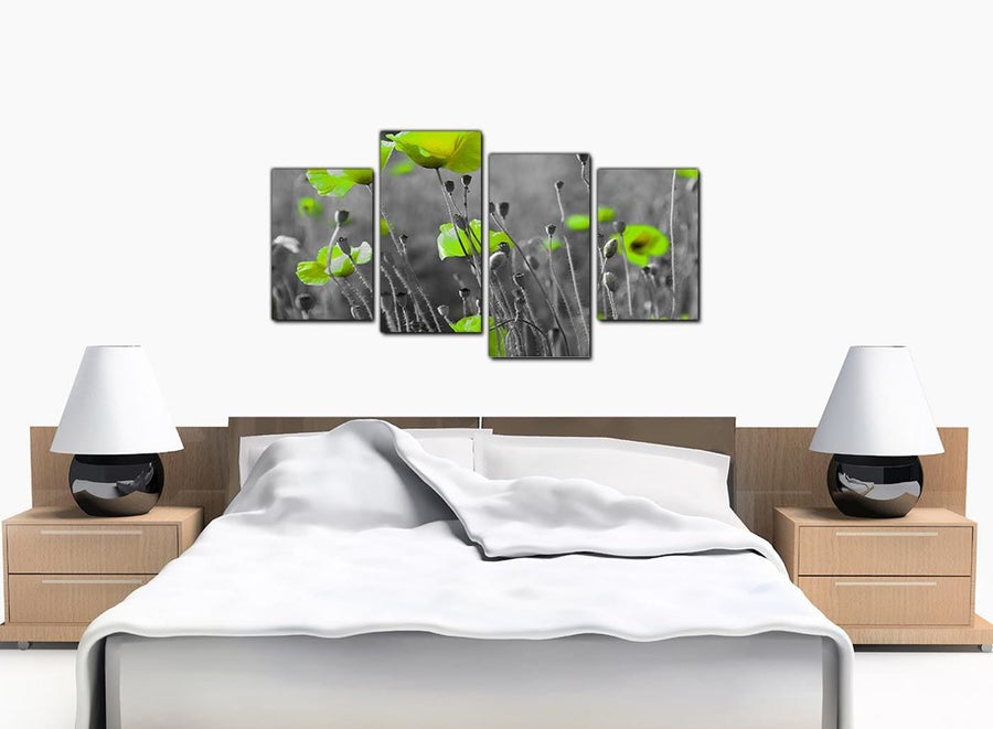 Lime Green Poppies Flower Grey Black Floral Canvas - 4 Panel Set - 130cm - 4138