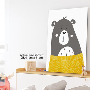 Bear Childrens - Nursery Canvas Wall Art Picture Mustard Yellow Grey