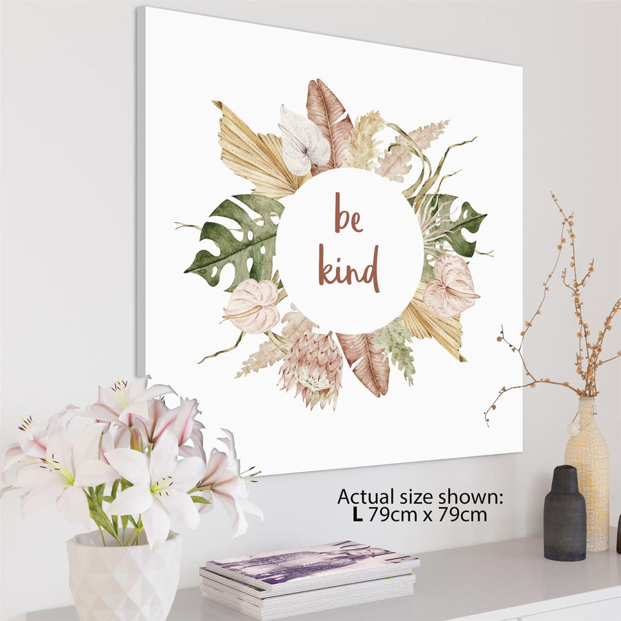 Be Kind Leaves Word Art - Typography Canvas Print Pink Green