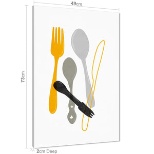 Kitchen Canvas Art Pictures Knife Fork Spoon Cutlery Yellow Grey