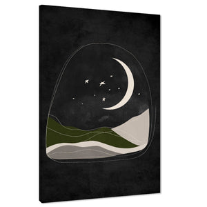 Black and White Green Stars and Moon Canvas Wall Art Print