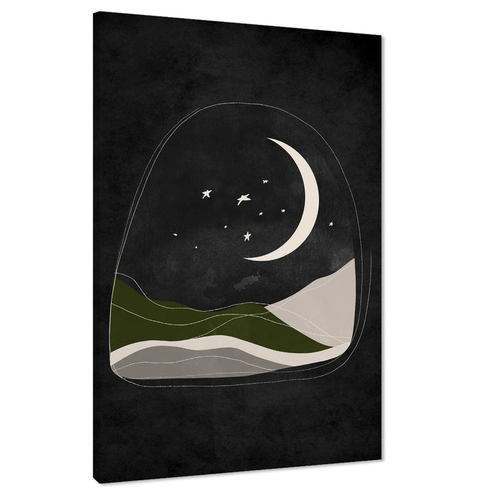 Black and White Green Stars and Moon Canvas Wall Art Print - 1RP1155M