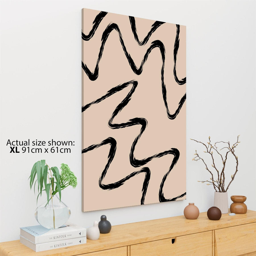 Abstract Beige Black Lines Brushstrokes Canvas Wall Art Picture