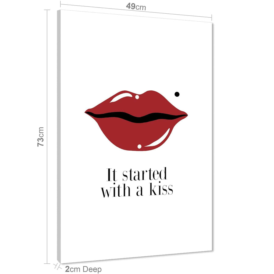 It Started With A Kiss Lips Word Art - Typography Canvas Print Red Black